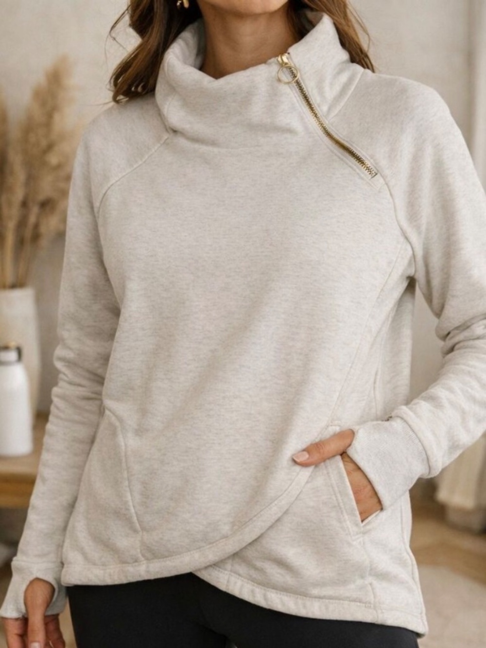 EUC [Athleta] Oatmeal Asymmetrical Fleece Funnel Pullover Sweatshirt Top | Large